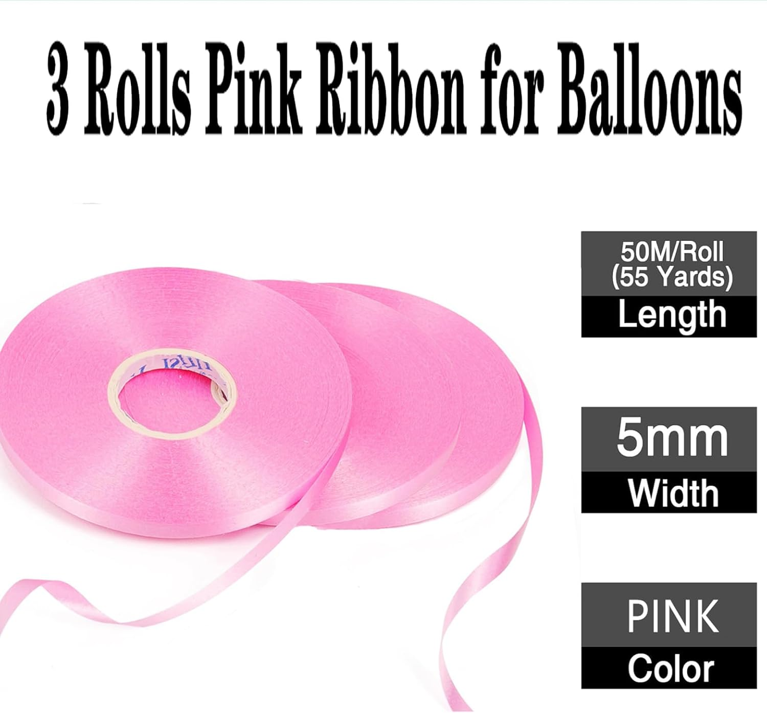 Pink Ribbon, 50M X 5Mm Ribbon for Balloons,Balloons String Ribbon for Gift Wrapping Birthday Crafts Wedding Party Balloons Decoration Ribbon, 3 Rolls