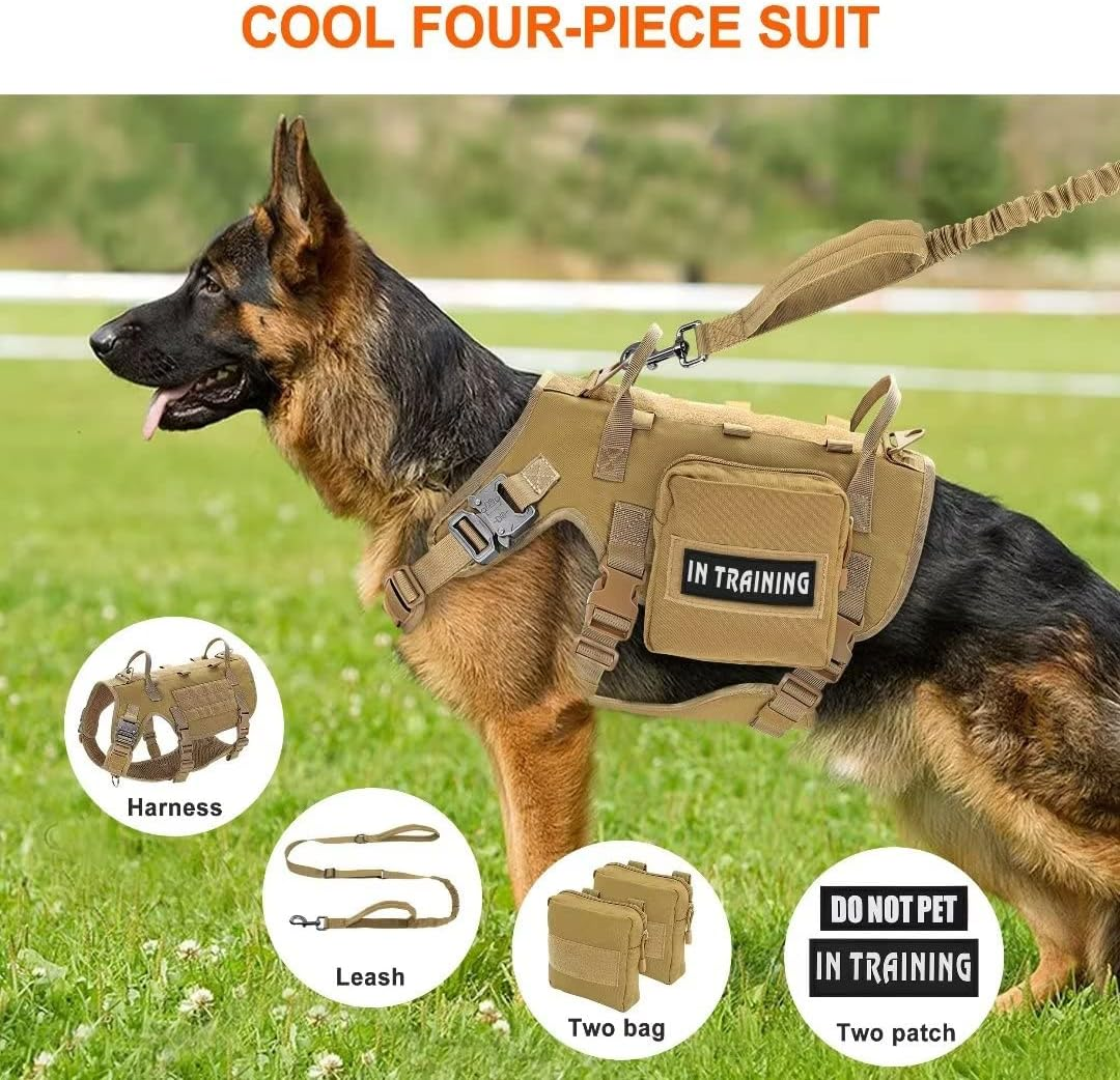 Beirui Robust Tactical Dog Harness Lead Backpacks Set with 2 Patches for Medium Large Dogs, No Pull Safety Harness, Dog Tactical Vest with 2 Metal Buckles & Handles, Brown, M
