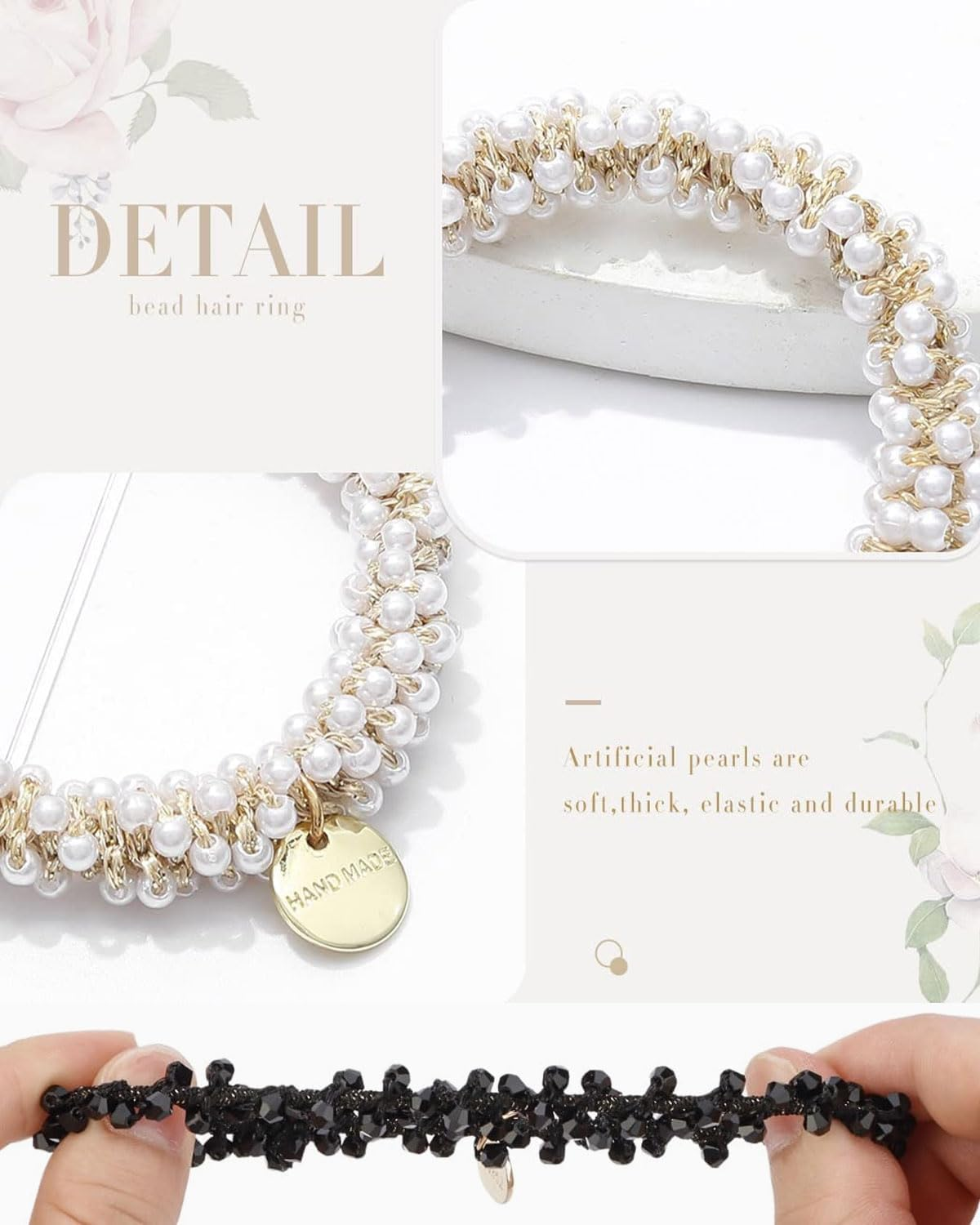 KGDUYC 4 Pieces Pearl Hair Bobbles Rhinestone Ponytail Holder Beads Hair Ties Elastic Hair Band Hair Accessories for Women White Black Colorful Mother of Pearl image number 5