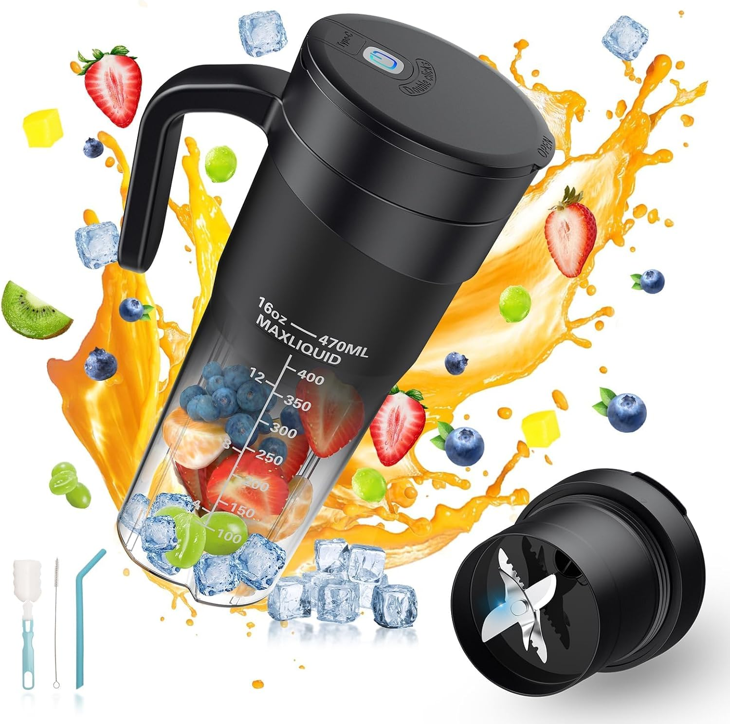 Portable Blender Smoothie Maker, USB-C Rechargeable Personal Size Blender with 6 Ultra Sharp Blades, Fresh Juice Mixer, Bpa-Free Plastic Bottle for Outdoors Travel, Sports, Kitchen