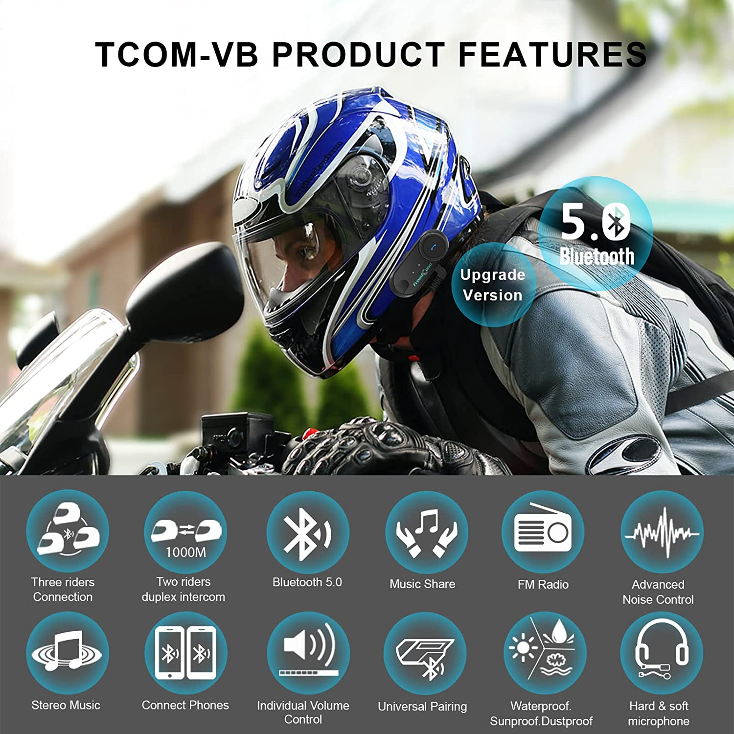 Freedconn T-COM VB Motorcycle Bluetooth Headset: Motorbike Communicaton System BT5.0 Helmet Intercom for 2 Riders 800M Intercom/Music Share/Universal Pairing/Boom&Soft 2In1 Mic image number 4
