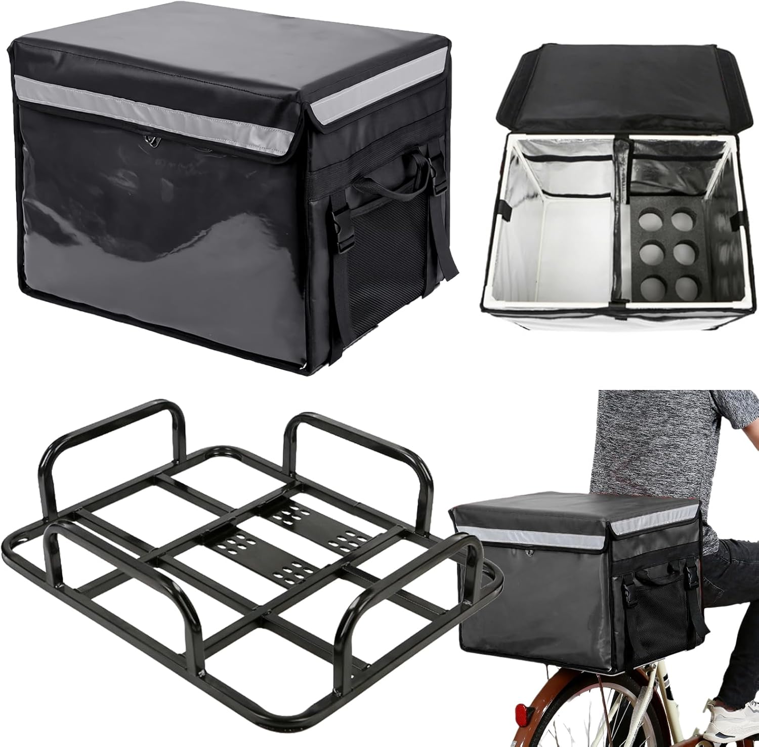 Kitchess Commercial Thermal Insulated Food Delivery Bag with Bike Rear Rack, 62L Large Pizza Delivery Bag with Divider & Cup Holder, Fit for Uber-Eats, Doordash, Pizza, 50X38X38Cm image number 5