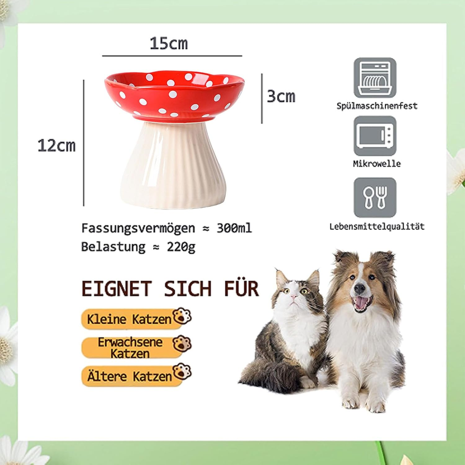 Cat Bowl, 15 Cm Raised Feeding Bowl, Cat Bowls, 300 Ml Ceramic High Feet to Protect the Cervical Spine, Feeding Bowl, Water Bowl, Pet Accessories, Dog Food Bowl, Cat Food Bowl (Red) image number 2