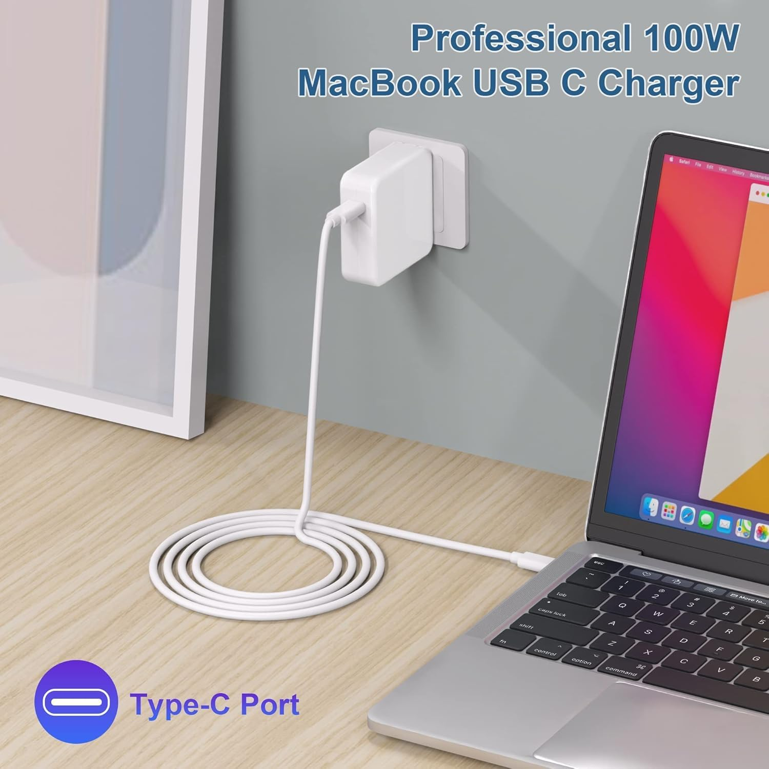 100W Macbook Pro Charger,Usb C Fast Charger Power Adapter Compatible with Macbook Air 13 Inch,Macbook Pro 16, 15, 14, 13 Inch, Ipad Pro 2023/2022/ 2021/2020/ 2019/2018...USB C to C Cable Power Adapter image number 4