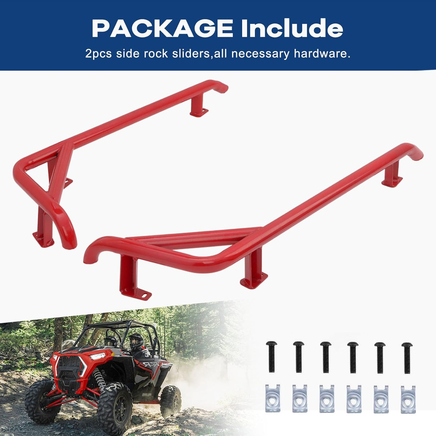 ELITEWILL Red RZR Rock Sliders Nerf Bars with Bolts Side Step Tree Kickers Fit for 2014-2023 Polaris RZR 900 Trail, 900S, 1000S, 1000XP, Turbo - 2 Seaters image number 3