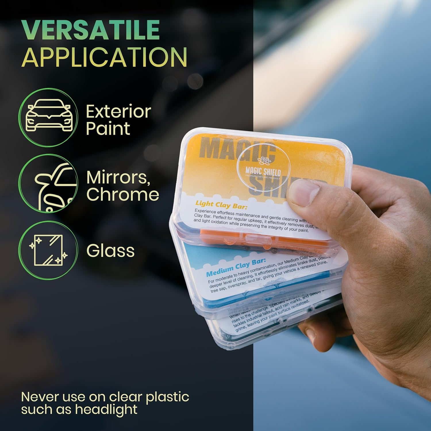 Magic Shield Clay Bar Triple Pack &ndash; 100G Light, Medium & Heavy Bars + Glidetech Lubricant Spray | Professional Auto Detailing, Deep Cleaning & Shine Restoration image number 1