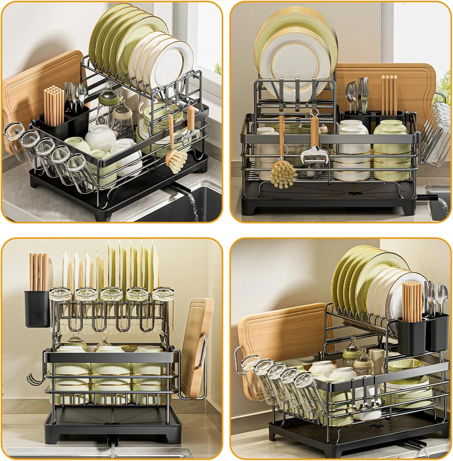 Dish Drying Rack, Kitchen Storage & Organisation - over Sink Dish Drainer with 360&deg; Rotating Drain Board, Cup Holder, Chopping Board Stand, Utensils Holder, Strong Carbon Steel Plate Rack image number 2