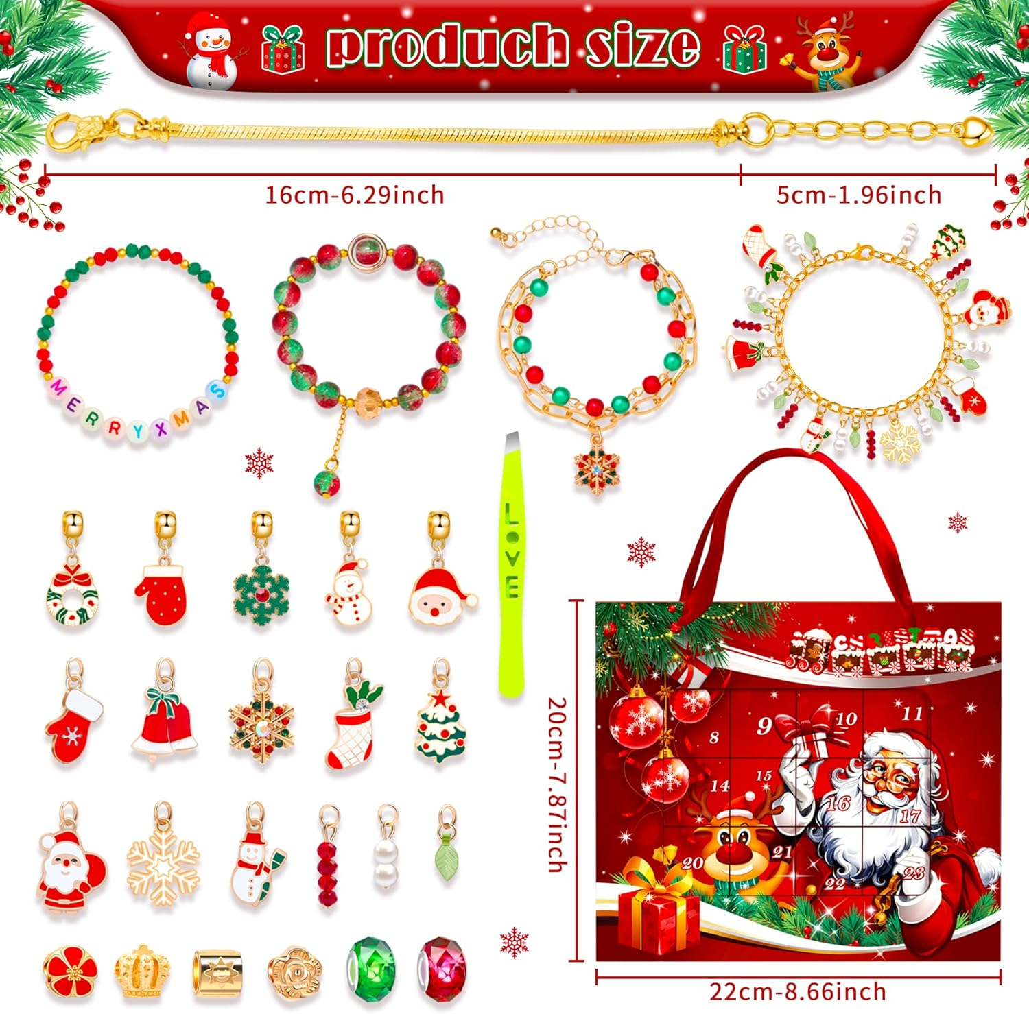Wimarn Bracelet Making Kit for Girls,Christmas DIY Jewelry Sets with Beads Charms Bracelets & Necklace String, DIY Crafts Supplies Kits Gifts for Young Girls & Kids (24Pcs Christmas Elk & Gift Box)