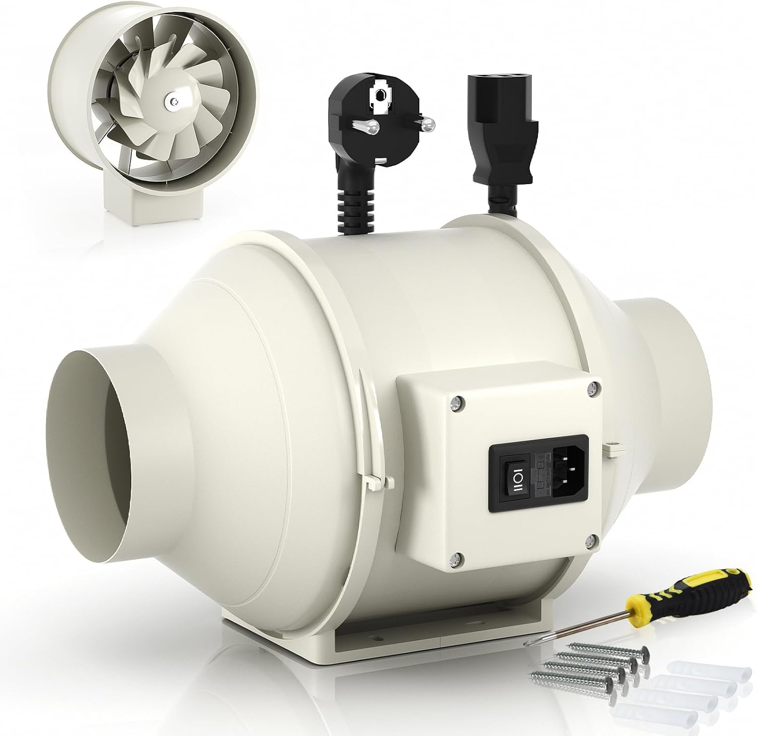 Fangofast Flue Duct Fan 100 Mm Inline Duct Fan Exhaust Fan 230 V Quiet with IEC Socket EU Plug + 1.5 M EU Power Cable for Bathroom, Office, Growth Rooms image number 1