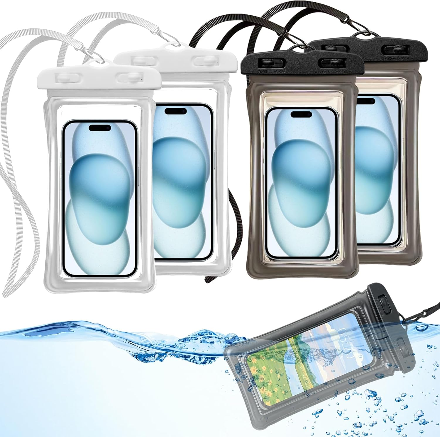 AIAOO Waterproof Phone Pouch 4 Pack, IPX8 Waterproof Phone Case for Iphone 17 16 15 14 Pro Max Plus, Galaxy S25 S24 Ultra, Universal Fit up to 7.2 Inch, Black & White Dry Bag for Water Activities image number 4