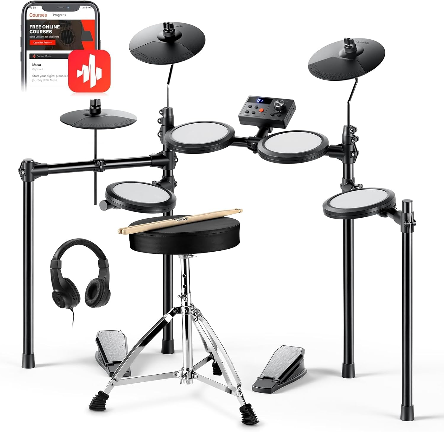 Donner DED-70 NEW Electric Drum Set, Electronic Drum Kit for Beginner with 150 Sounds, 4 Quiet Mesh Pads, 9" Cymbals, USB MIDI, Type-C Charging, 2 Pedal, Throne, Headphones, Sticks, Melodics Lessons image number 3