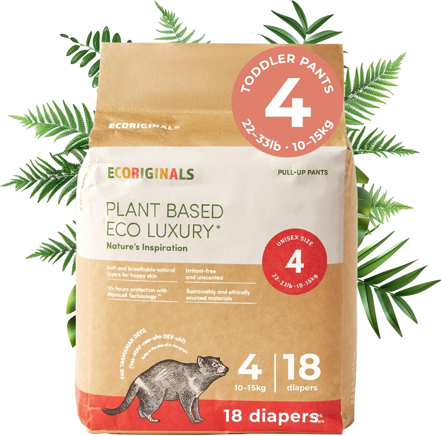 Ecoriginals - 18 Eco Toddler Pull up - Nappy Pants Size 4 with 100% Plant-Based Layers, Disposable Pull Ups & Hypoallergenic Baby Essentials for Babies - Secure Fit (10Kg-15Kg), 1 Pack image number 4