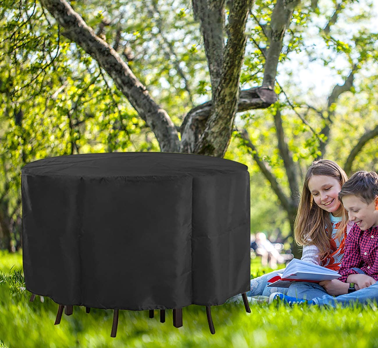 Garden Furniture Covers Patio round Table Cover MAYHOUR Waterproof Windproof Drawstring 210D Oxford Fabric Outdoor Indoor Chair Desk Cover Anti-Uv Snow Protection Black (91&times;43In/230&times;110Cm) image number 2