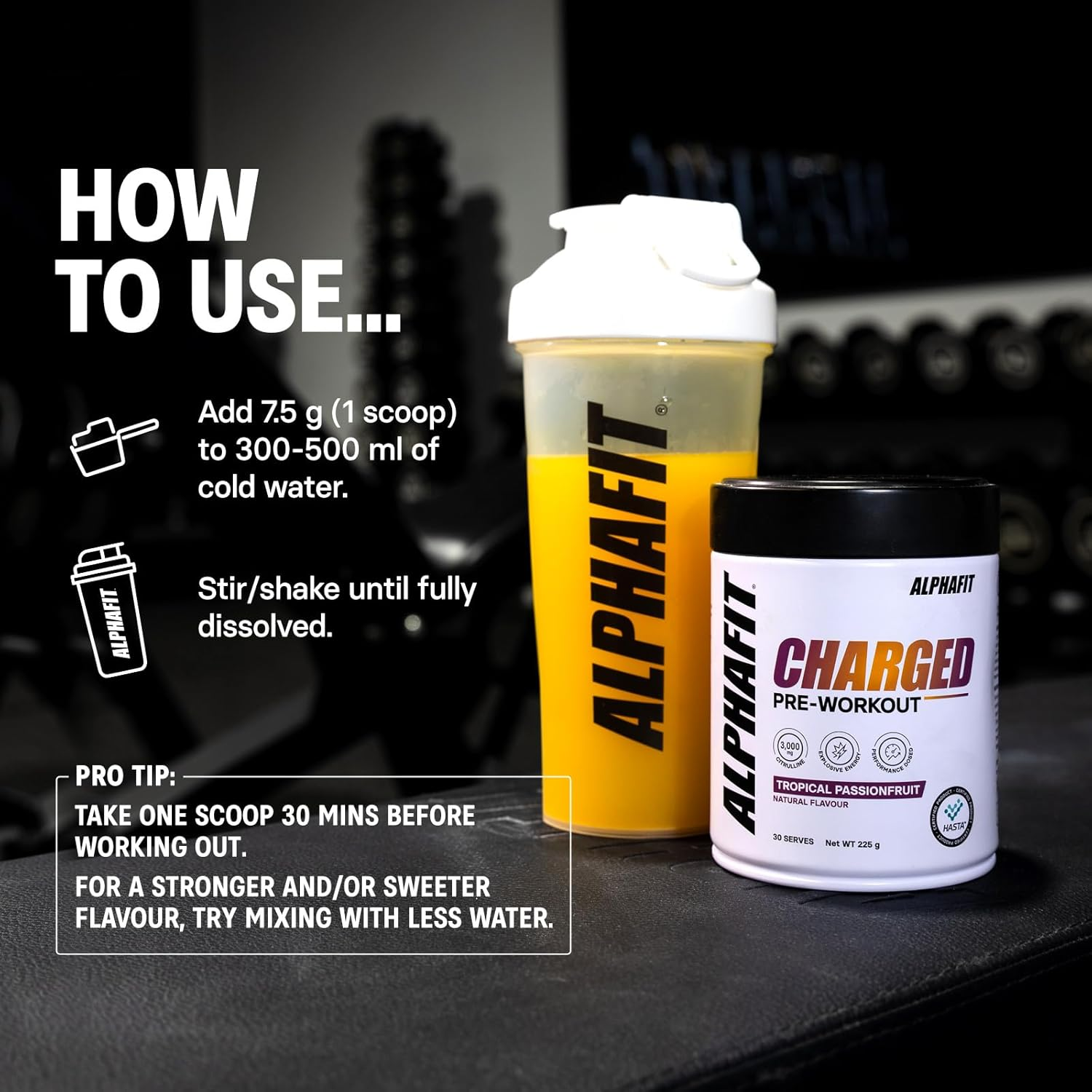 ALPHAFIT Charged Pre-Workout Powder, Tropical Passionfruit, Natural Caffeine + Beta-Alanine, HASTA Certified, 225G (30 Serves) image number 1