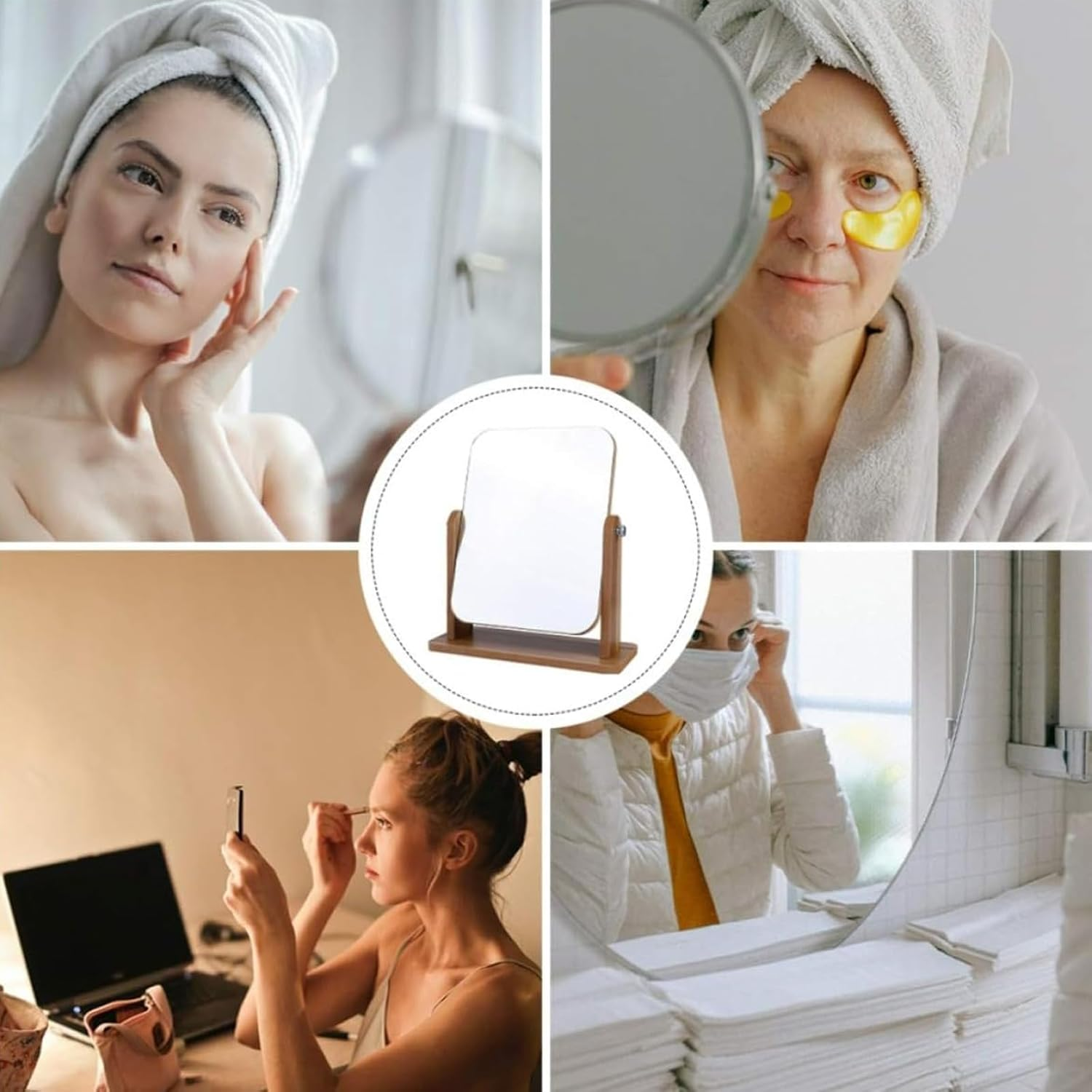 Tavvke Cosmetic Mirror with Wooden Stand, 360&deg; Rotating Single-Sided Desk Mirror, Portable Removable Tabletop Vanity Glass for Makeup, Shaving, Office, Bathroom, and Bedroom (Large) image number 1