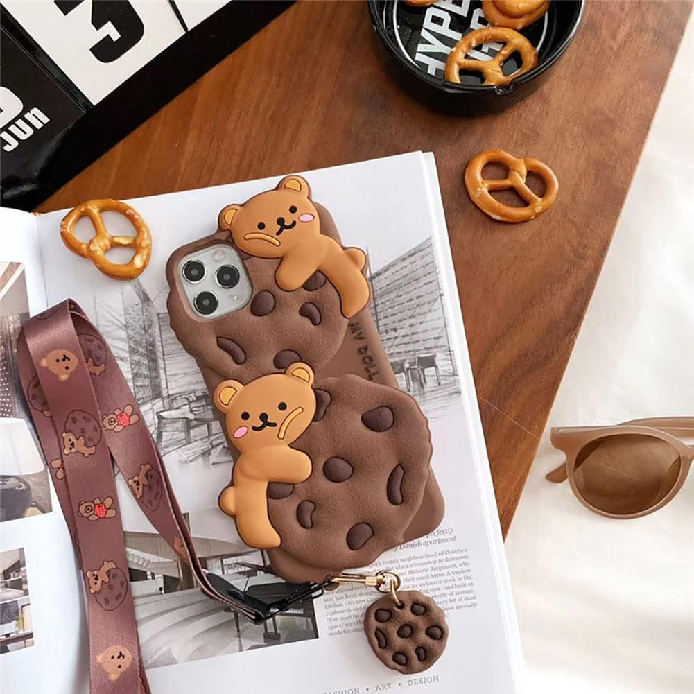 Yatchen Bear Case for Iphone 13,Cute Cookie Bear Kawaii Phone Cases 3D Cartoon Cover with Keychain Strap Lanyard Funny Women Girls Soft Silicone Protector for Iphone 13