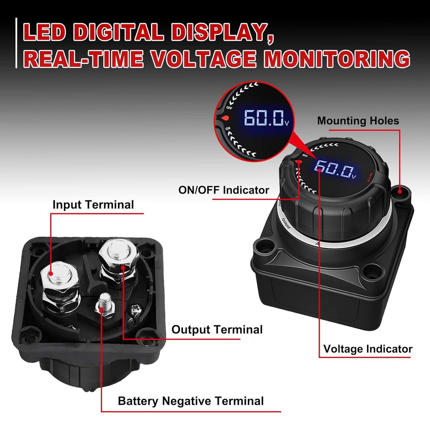Upgrade Battery Disconnect Switch with Digital Voltage Display, DC 5-60V, Power Master Isolator Cut off Switch for Car Truck Marine Boat RV Camper Trailer, Black (On/Off) image number 6