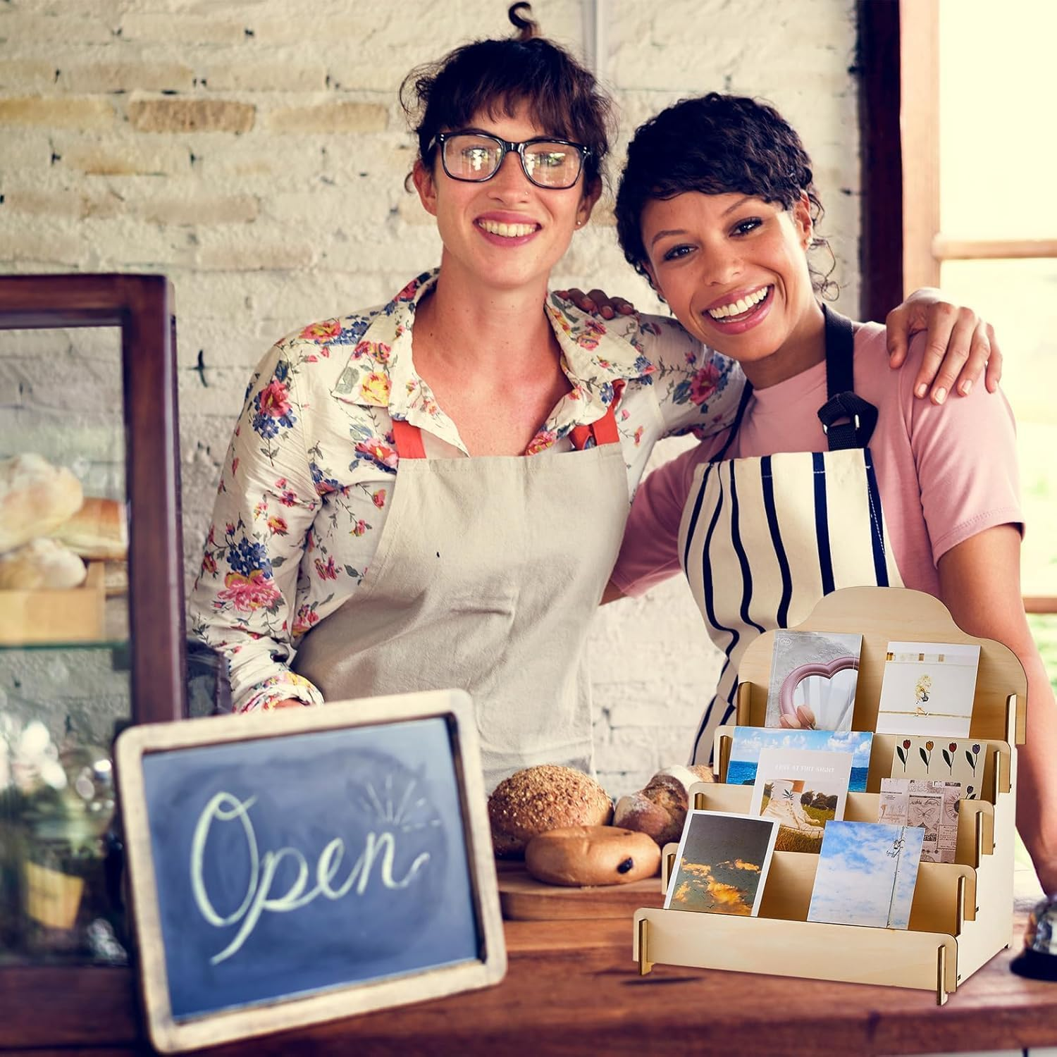 IONPSHG 1Pcs Greeting Card Display Stands 4Tier Durable Wooden Stickers Display Risers Multipurpose Portable Blank Retail Display Shelves Card Display Rack for Greeting Card Photos Postcard Literature (1) image number 1