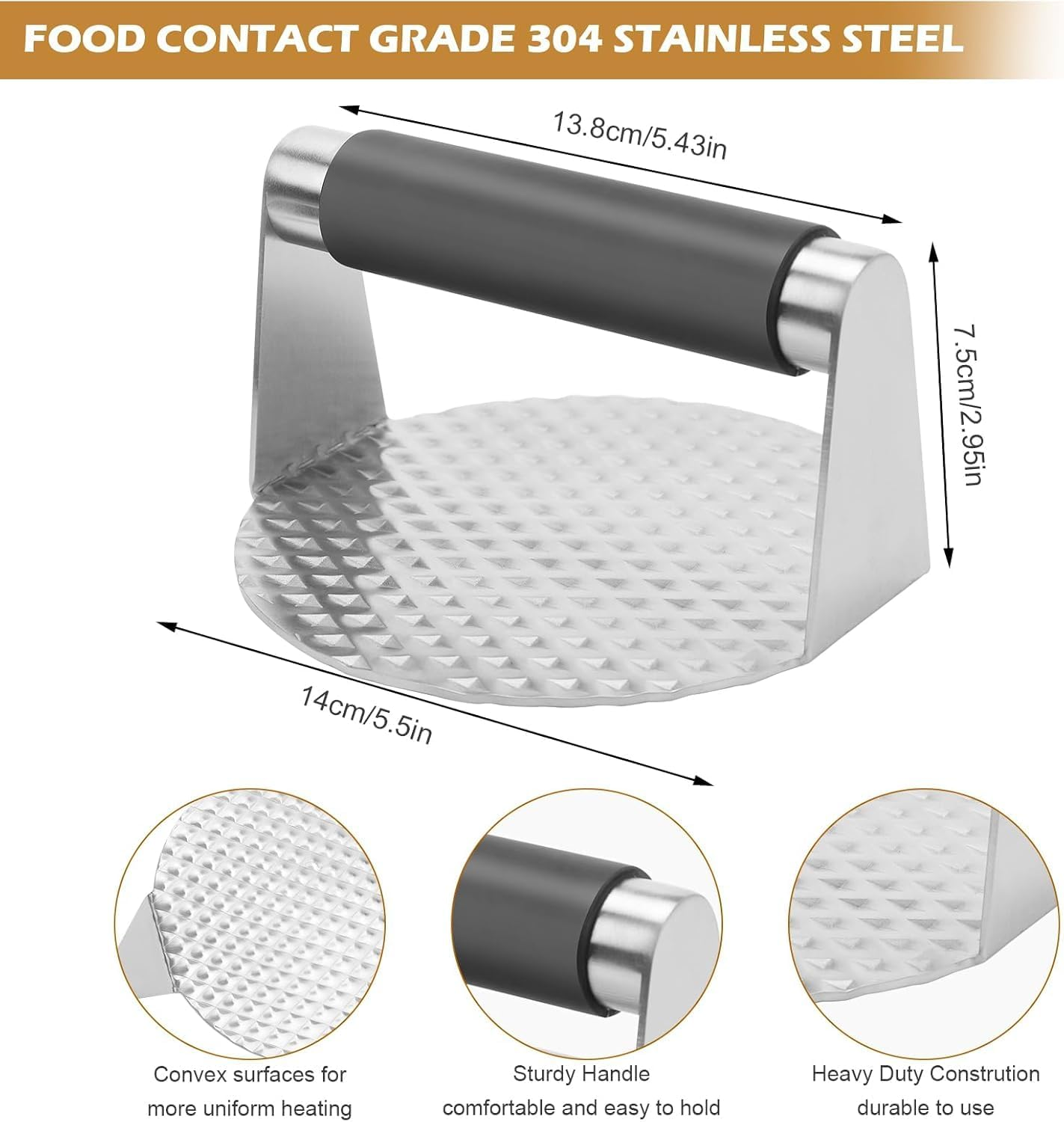 Burger Press 5.5" Round, Stainless Steel Burger Press Meat Steak, Professional Burger Smasher, Grill Press for Flat Top Griddle Grill Cooking, Juicy and Crispy Burgers for Bbqs (304 Stainless Steel) image number 2