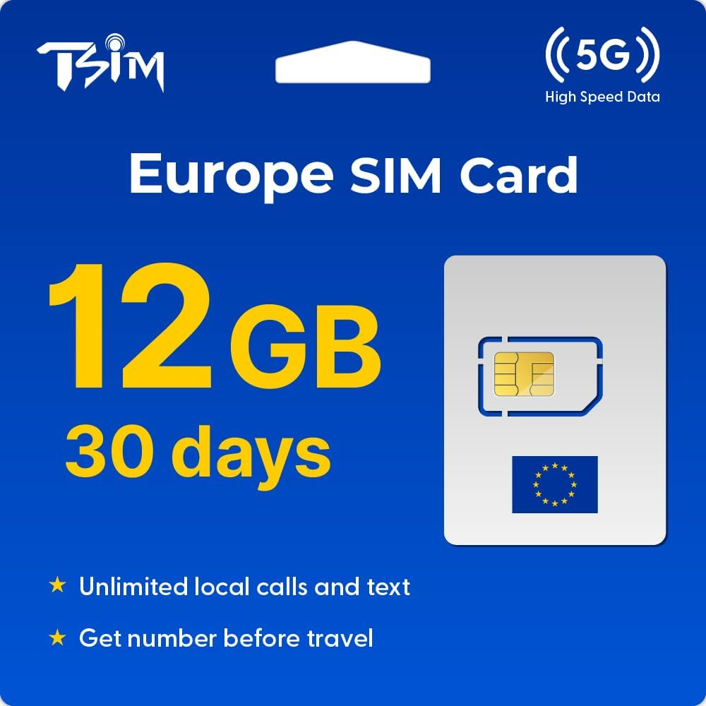 TSIM Europe SIM Card 30 Days 12GB | Unlimited Local Calls and Text | Get Number before Travel | 30+ Countries Austria, France, Germany, Italy, Switzerland, Spain, UK image number 2