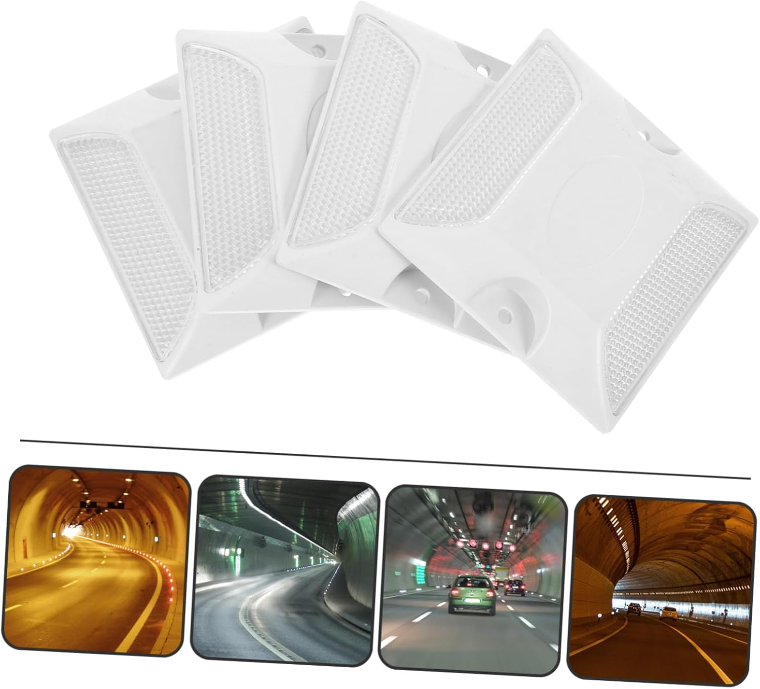 4Pcs Reflective Road Studs Double-Sided White Pavement Markers Plastic Driveway Reflectors High Visibility Emergency Safety Markers for Outdoor Roadside and Highway Use
