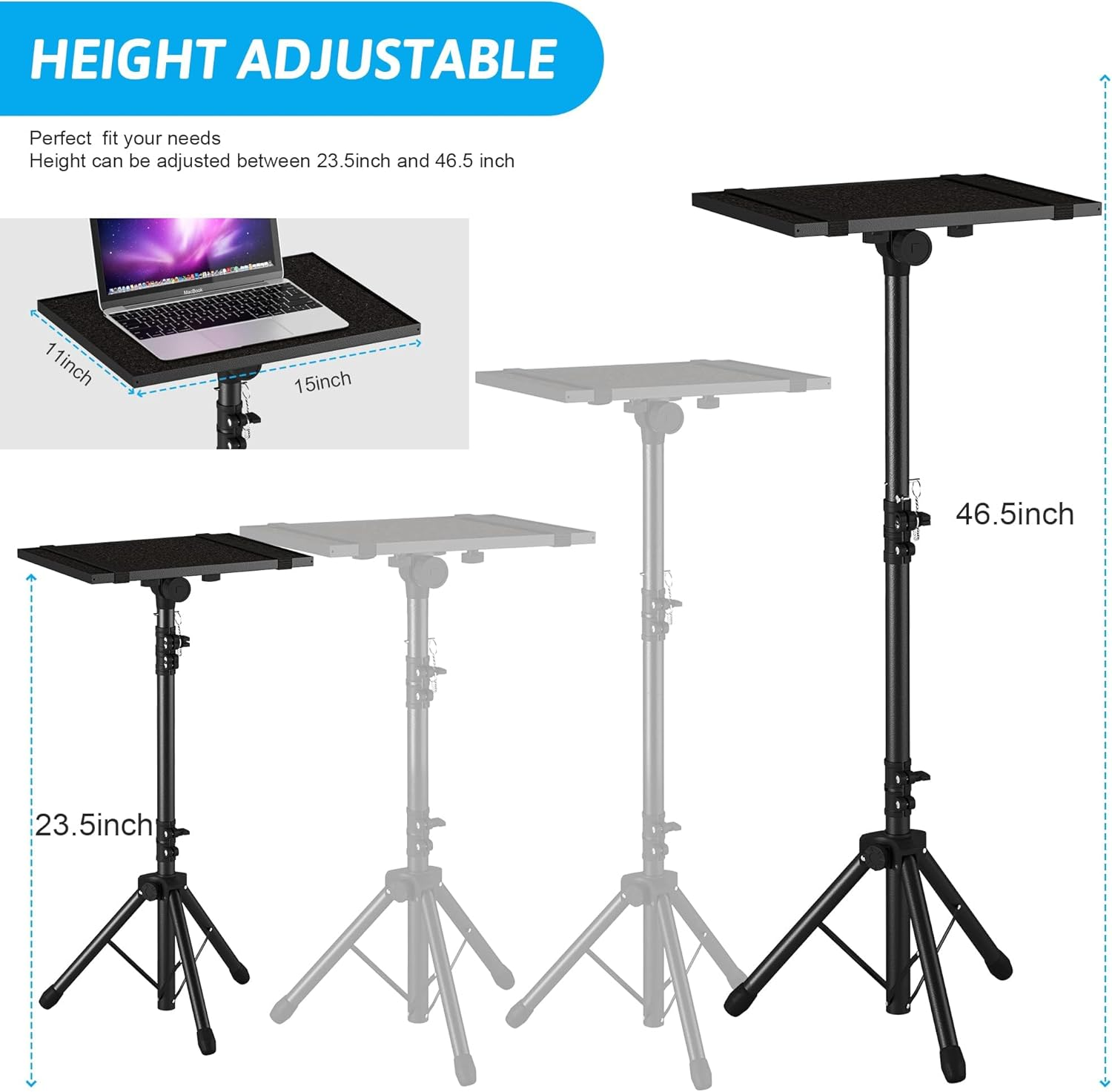 LXJNFAC Projector Stand Tripod from 23" to 46", Laptop Tripod Stand Height Adjustable with Gooseneck Phone Holder, Laptop Floor Stand for Office, Home, Stage, Studio, DJ Racks Holder Mount image number 3