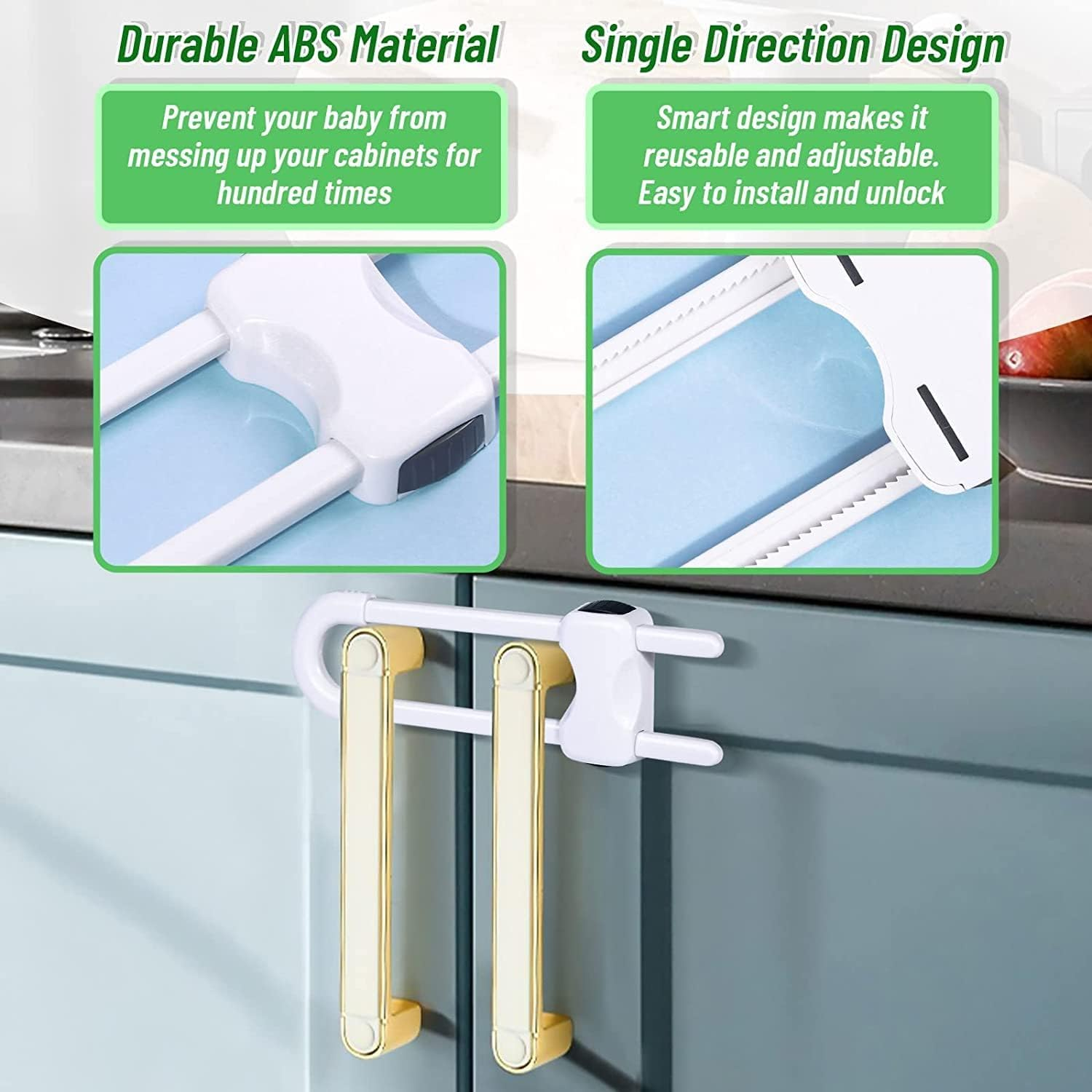 Sliding Cabinet Locks for Baby, Baby Proofing Adjustable U-Shaped Baby Safety Latches for Handles Knobs Drawers, Fridge, Closet, Cupboard, Closet with Secure Lock Buttons,2Pack (White) - Gray image number 7