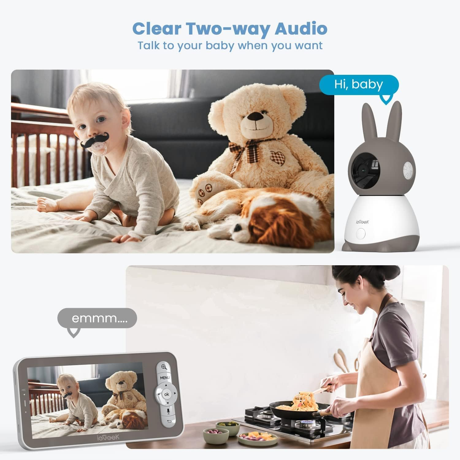 Iegeek 2K Baby Monitor with 2 Cameras, Wifi Video Monitor with 5 Inch HD LCD and 2 Way Audio, PTZ Auto Tracking, Mobile APP and Wireless Monitor Control, Cry Detection, Temperature image number 4