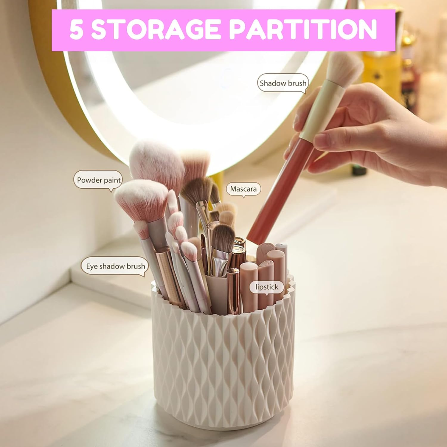 Rotating Makeup Brush Organizer - 360&deg; Spinning Storage Cup with 5 Compartments for Cosmetics, Lipsticks & Art Supplies, Desktop Vanity Holder (White with Cover) image number 2