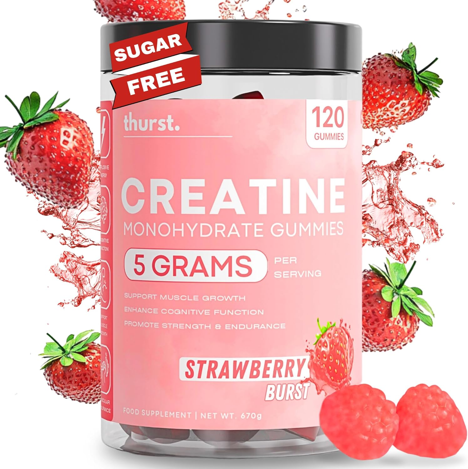 Creatine Monohydrate Gummies for Men & Women, 5G Creatine per Serving | Enhanced Muscle Growth, Strength, Focus and Recovery, Low Calorie, Sugar Free, No Artificial Colours - Strawberry Burst Flavour 120 Gummies image number 4