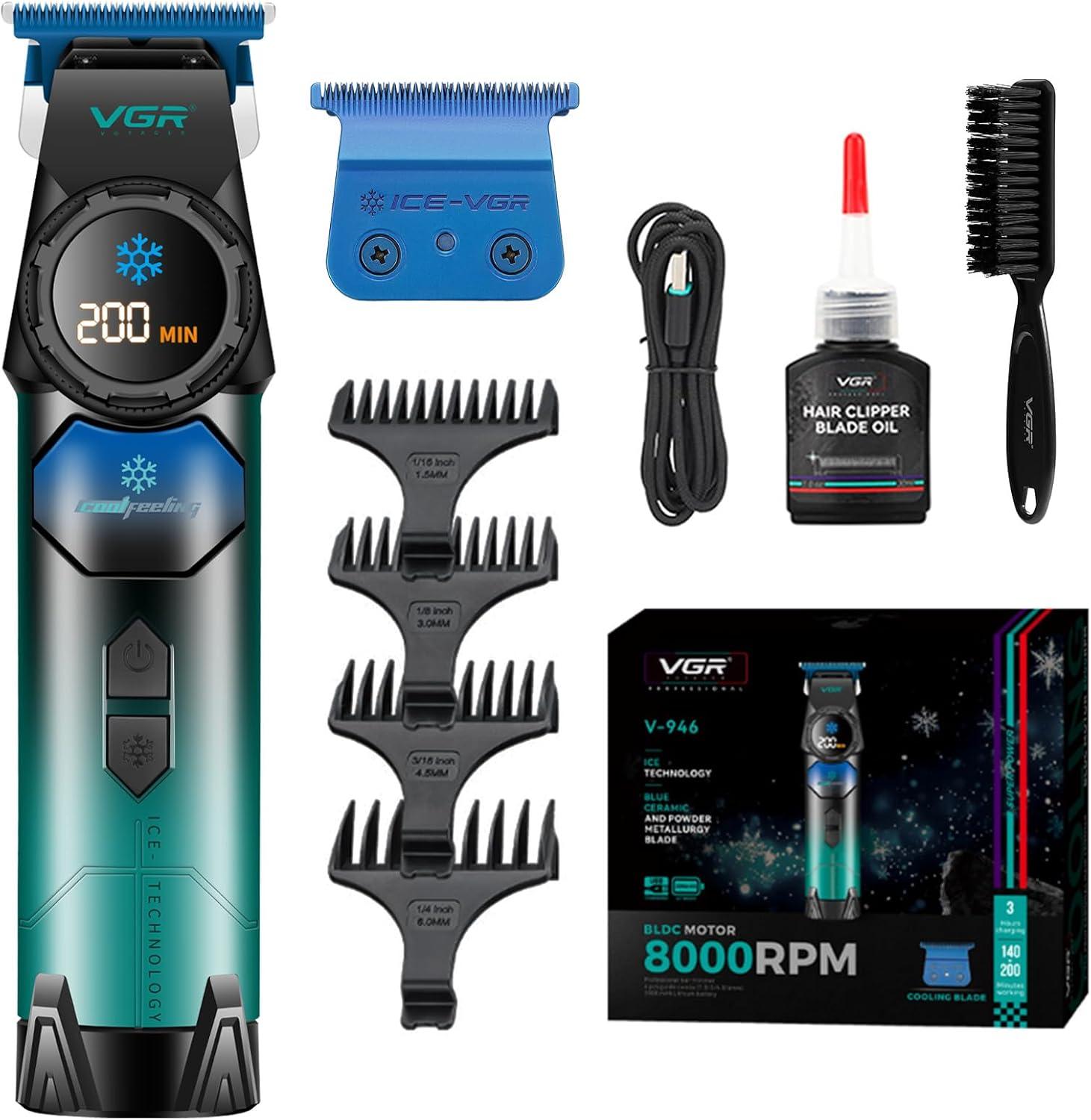 VGR 946 Professional Hair Trimmer for Men, 8000RPM High-Speed Cordless T-Blade Trimmer with Blue Ceramic & Powder Metallurgy Blade, Rechargeable Detail Clipper with 4 Guide Combs & USB Charging image number 5