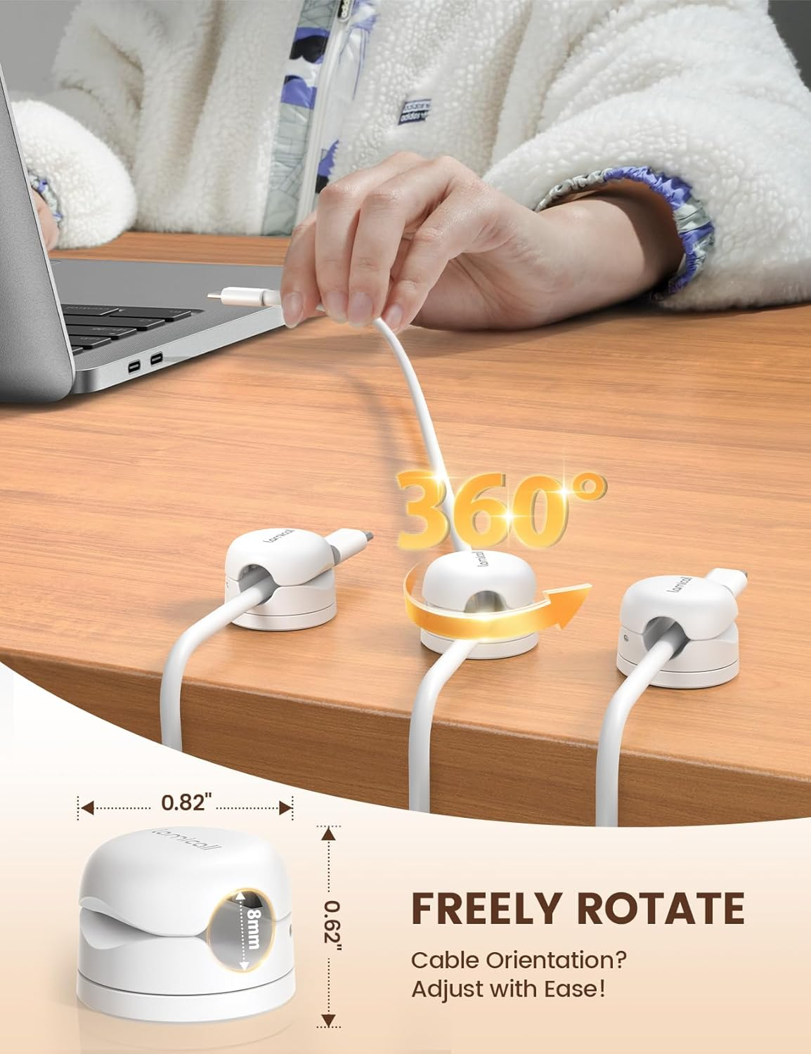 6Pack Cord Organizer, [1S Lock] Spring Cable Clips - [Upgrade Rotatable] Lamicall Cord Holder Management, Desk Phone Charger Holder, Adhesive USB Wire Organizer Keeper for Office Nightstand, White - Black image number 5