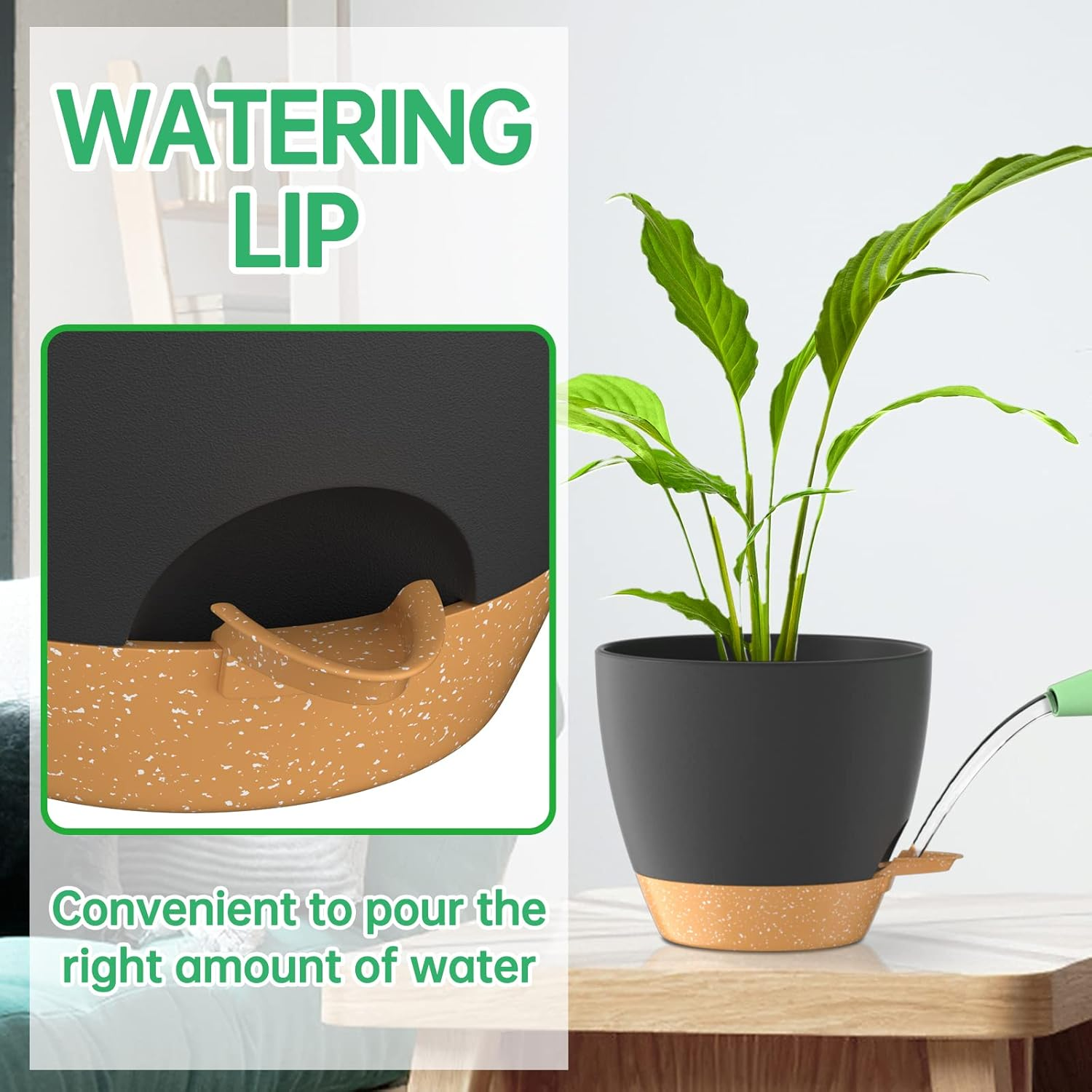 ZMTECH 20 Cm Plant Pots with Drainage Holes Saucer Self Watering Planters with Watering Inlet Plastic Flower Pot for Indoor Outdoor Plants (Set of 2, Black) image number 6