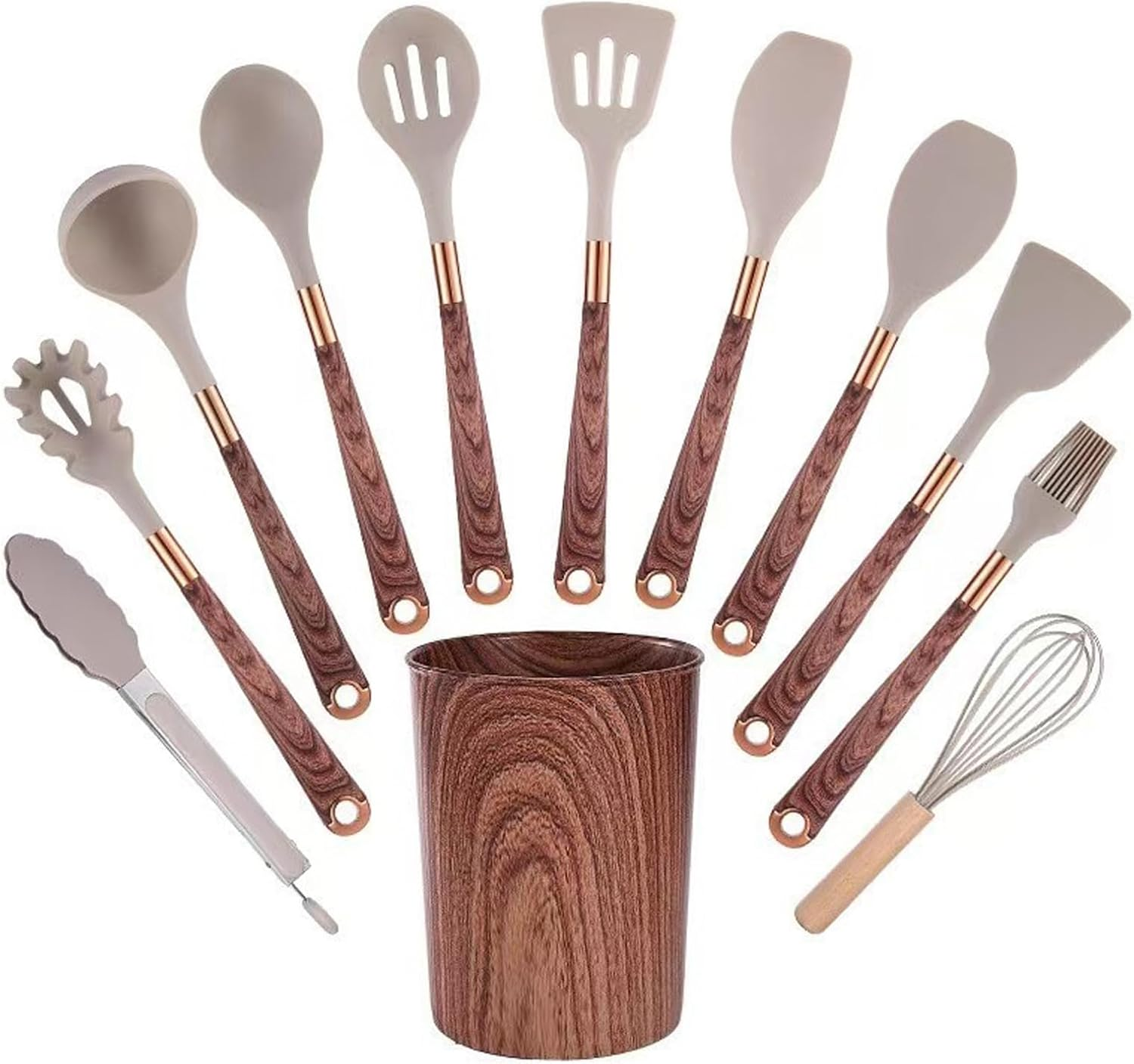 Kitchen Utensil Set, 12 Pack Cooking Utensils Set with Wooden Handles and Wood Grain Storage Bucket, Heat Resistant Multi Functional Silicone Spatula for Non Stick Frying Pans and Pots (Brown) image number 6