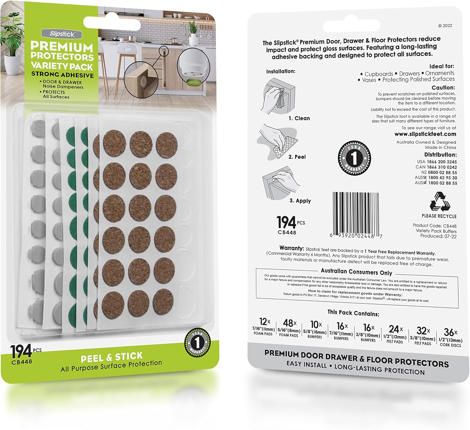 Slipstick Premium Adhesive Protector Pads Variety Pack (194 Piece) Cabinet Door Drawer Bumpers and Small Universal Surface Protector Pads, Clear Rubber, Foam, Cork, and Green Felt Protectors image number 4
