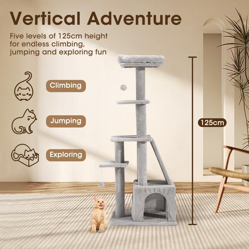Cat Tower, 125Cm Cat Tree for Indoor Large Cats, Multi-Level Condo with Ladder, Hideaways, Pompoms and Toy, Grey image number 4