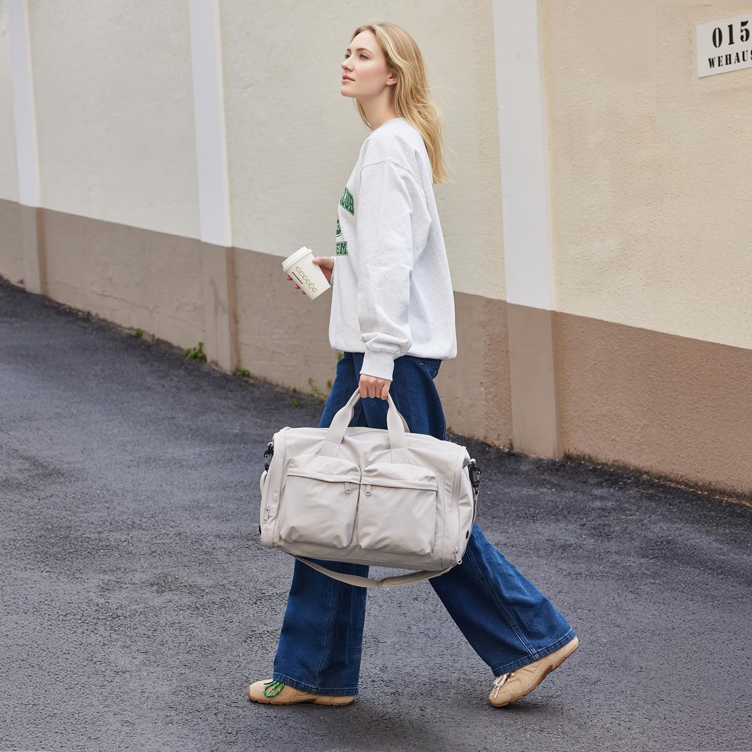 AJI Gym Bag for Women Men with Shoes Compartment, 3 in 1 Carry on Travel Duffel Bags with Trolley Sleeve, Water Resistant Gym Duffel Bag for Travel, Sports, Fitness & Workout (Elegant Gray) image number 4