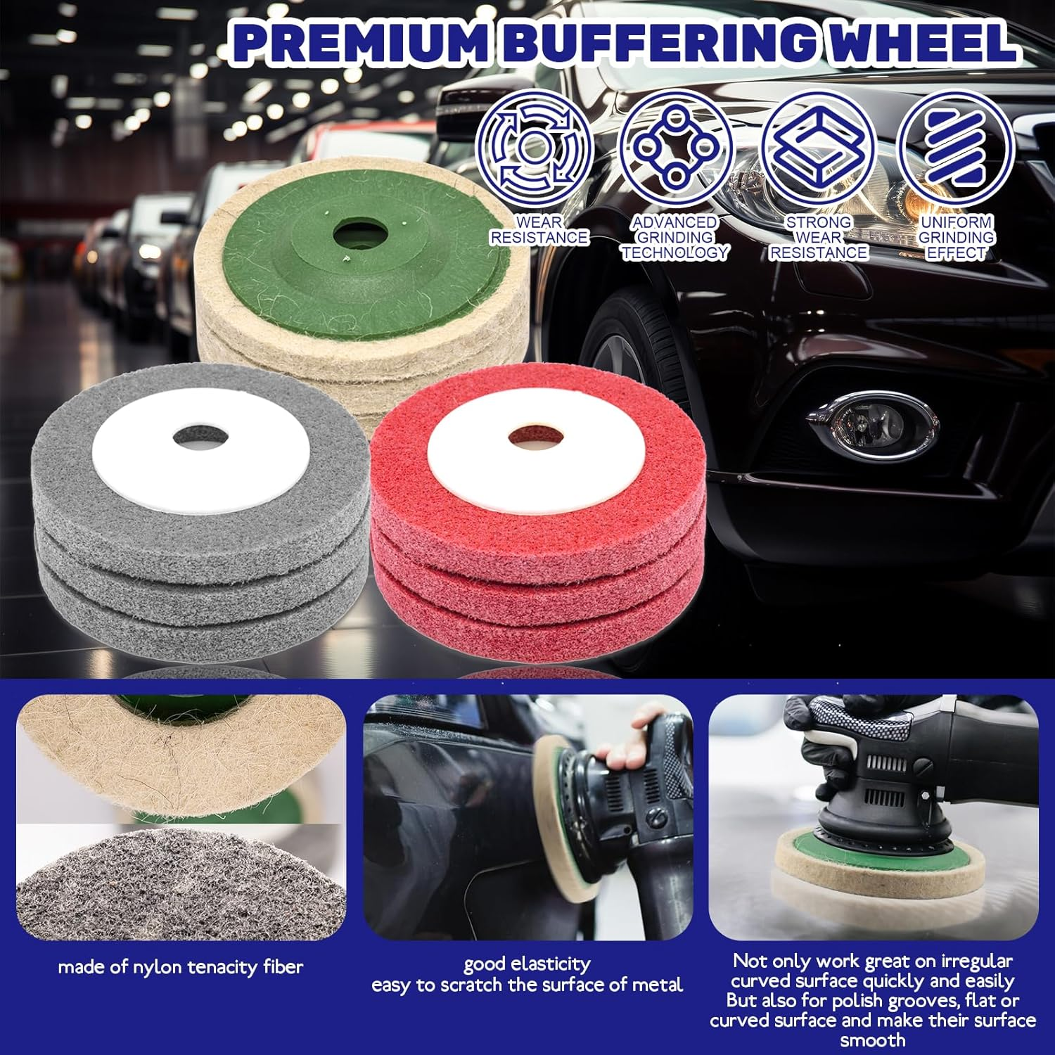 Waltool 16Pcs Assorted Buffer Wheel Set Contains 4-1/2 X 7/8 Inch Arbor Wool Felt Flap Disc, 4'' Wool Felt and Nylon Fiber Disc with 3 Polishing Compound & Metal Wrench for Angle Grinder