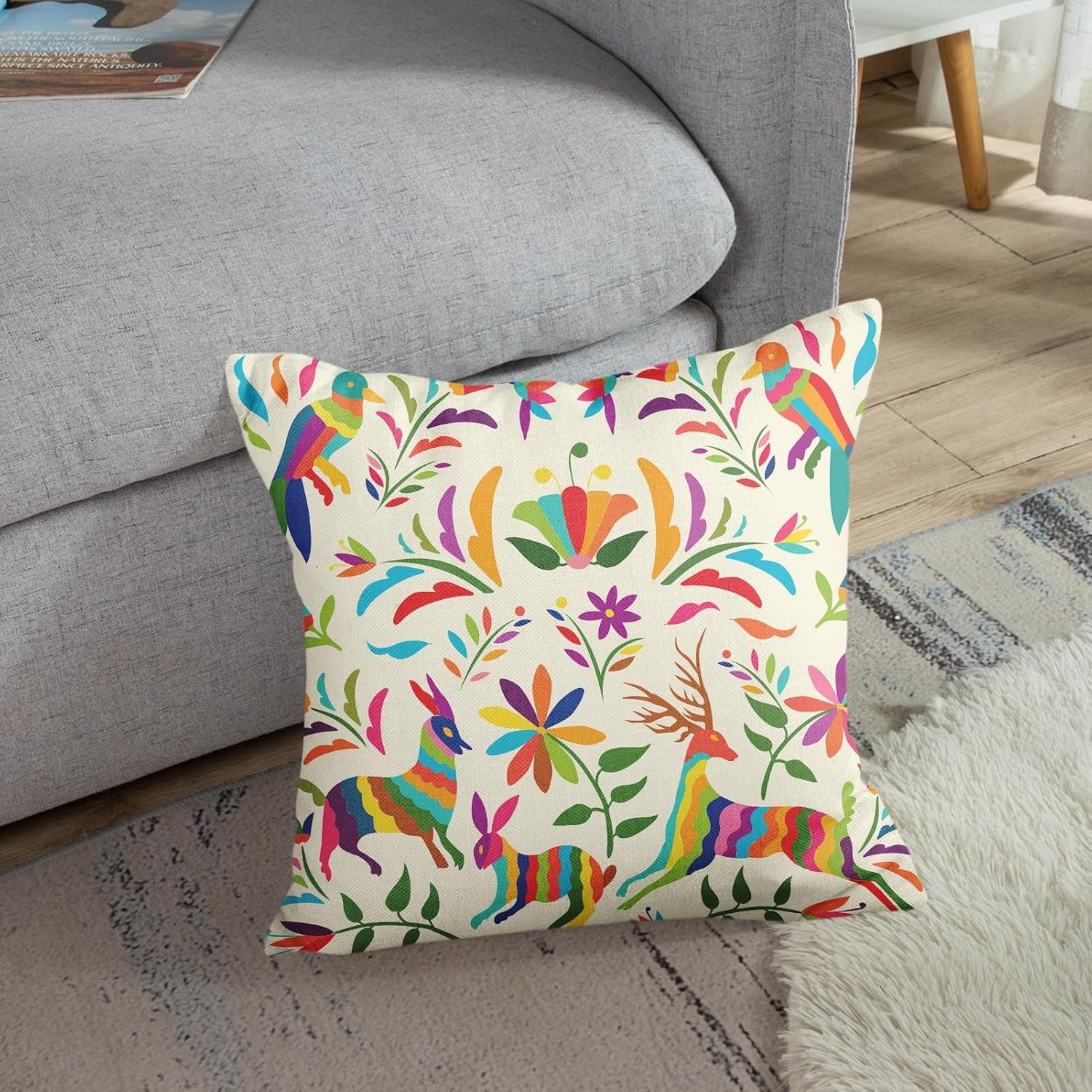 Sanwarm Throw Pillow Covers Home Decor Set of 4 Pillow Cases Decorative 18 X 18 Inches Cushion Couch Sofa Pillowcases Mexican Colorful Ethnic Birds Flowers