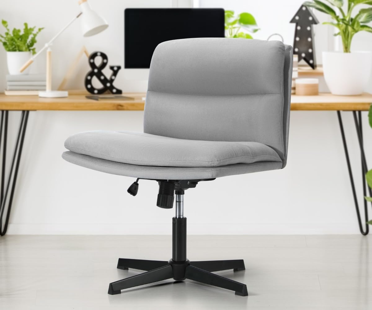 Oikiture Cross Legged Chair with Wider Cushion Padded Max 120&deg;Rocking Home Office Chair Linen Fabric Computer Desk Chair Grey