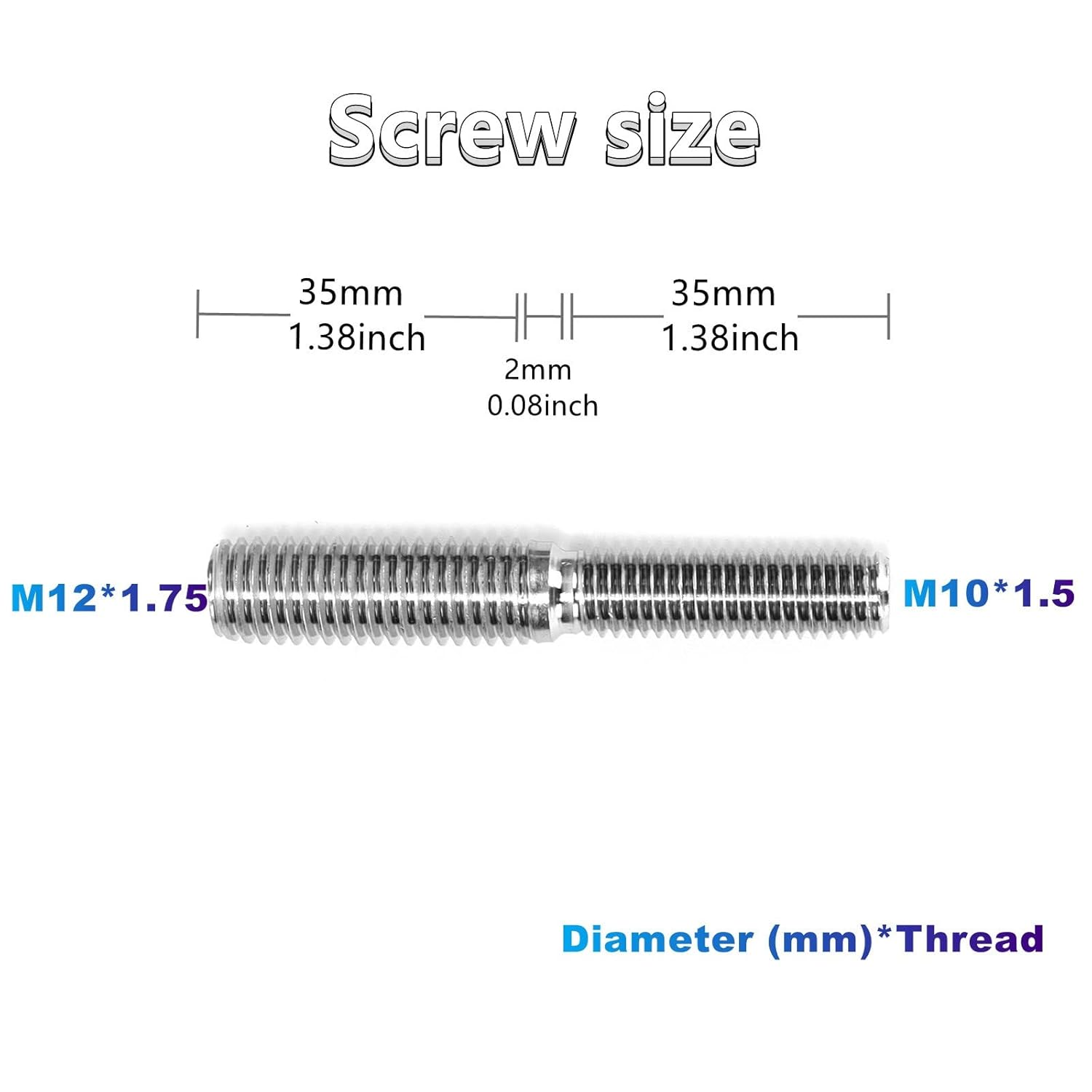 4Pcs Double End Screw Bolts 304 Stainless Steel M10*1.5 to M12*1.75 Threaded Stud Fasteners (M10 to M12)