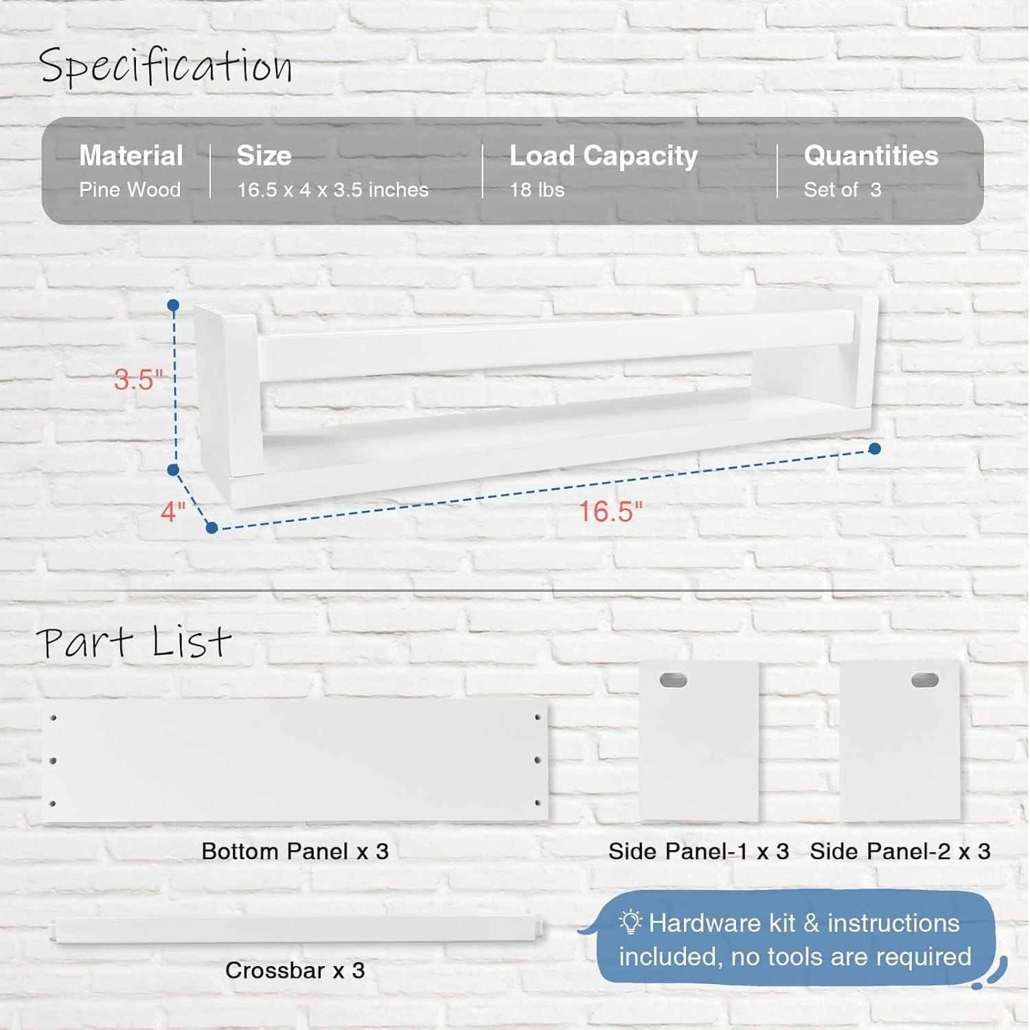 Floating Shelves, 16.5 Inch Nursery Shelves Set of 3, Wall Mounted Natural Solid Wood Kids Bookshelf, Baby Nursery Decor for Books Bedroom (White)