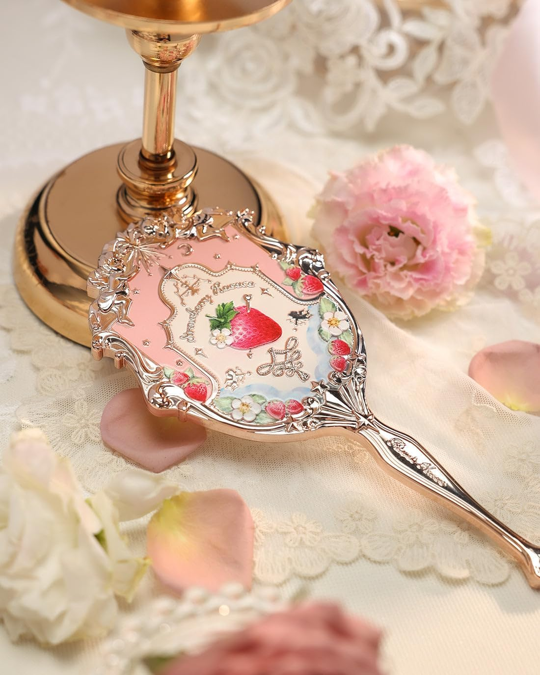 Flower Knows Strawberry Rococo Handheld Mirror, Soft Pink, Gold Frame, 8.6L X 3.9W Inches, Tabletop Mount, Aesthetic Princess Mirror, Perfect for Touch-Ups and Travel image number 2
