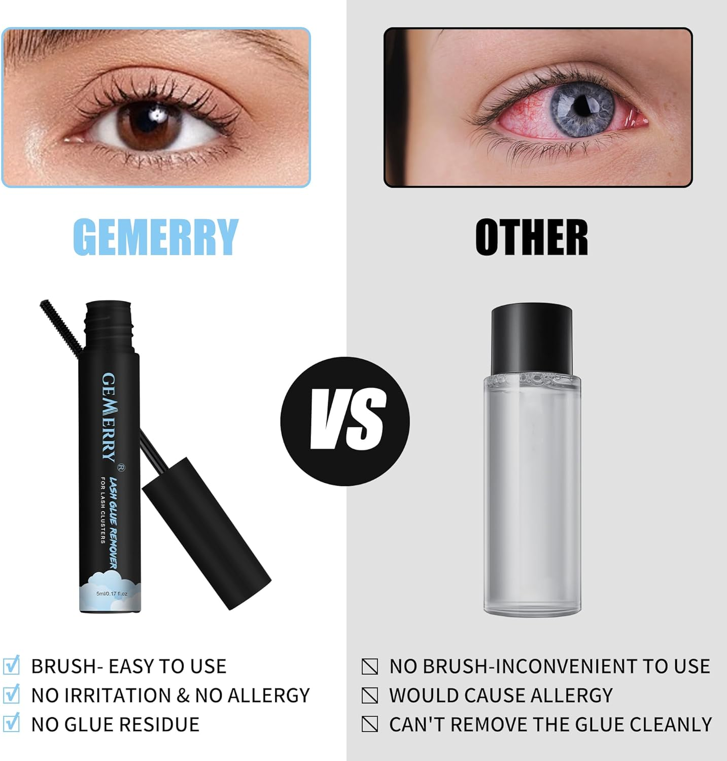 GEMERRY Lash Glue Remover, Lash Extension Remover Lash Bond Remover Self-Use Lash Cluster Remover Lash Bond and Seal Remover Lash Adhesive Remover- Non-Irritating Mascara Wand 5Ml
