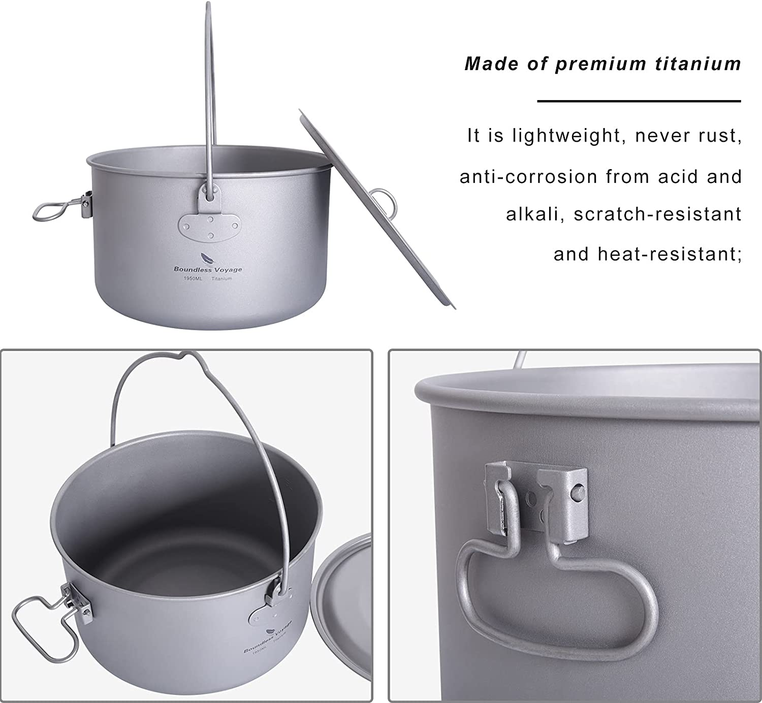 Boundless Voyage Camping Titan Hanging Pot with Folding Handle Picnic Hiking Large Capacity Kettle Cookware 1.3L 1.95L 2.9L (Yti2044C-1950Ml) image number 5