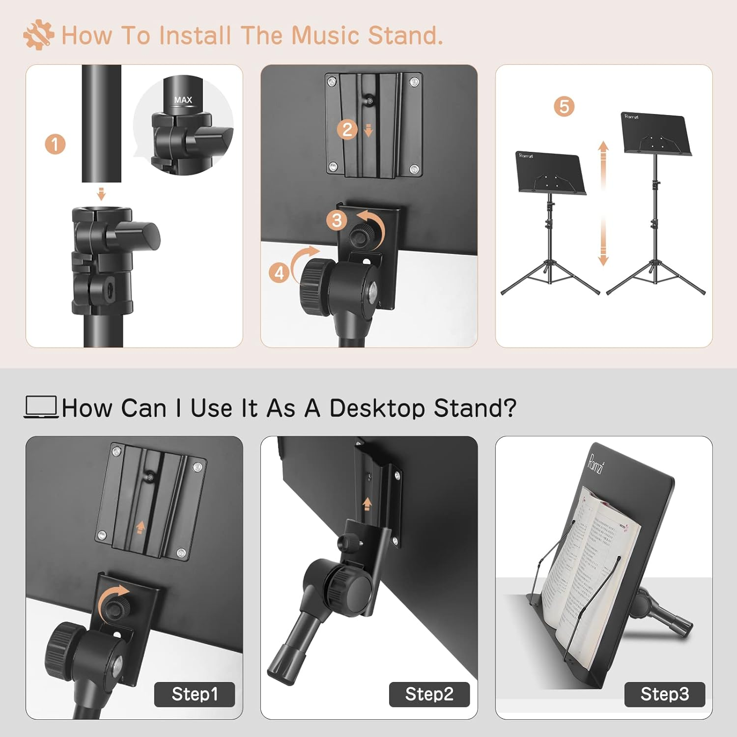 Ramzi Portable 5-In-1 Dual-Use Sheet Music Stand with Light, Clip, and Carrying Bag image number 2