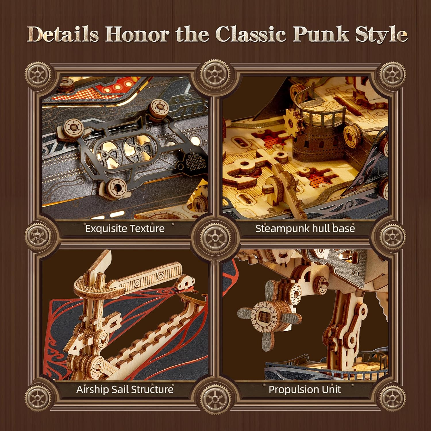 LED 3D Wood Puzzle Fantasy Airship Model - Steampunk DIY Craft Kit with LED Lights &ndash; Intricate Wooden Airship Model Building Set for Teens and Adults (Gray) image number 2