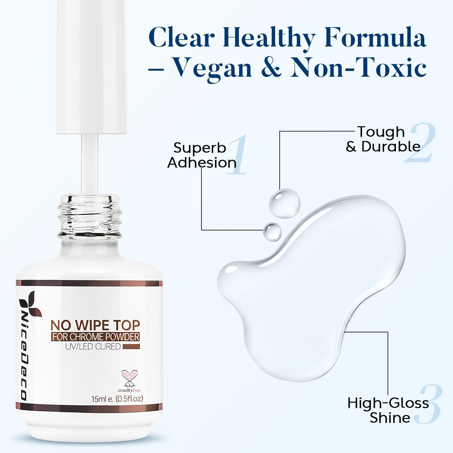 Nicedeco Gel Top Coat for Chrome Nail Powder, Hema Free, Cruelty Free, Vegan, Mirror Shiny Clear No Wipe Long Lasting Nail Polish image number 2