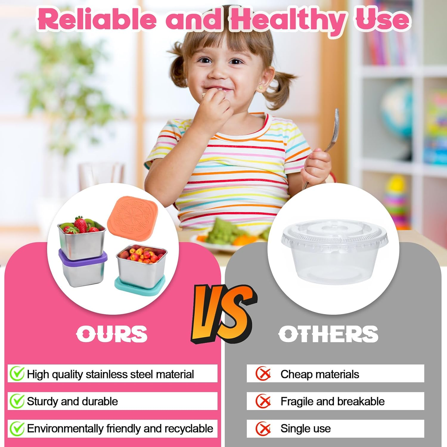 Pack of 6 Stainless Steel Small Food Containers, 180 Ml Stackable Snack Pots with Leak-Proof Silicone Lid, Reusable Food Storage Containers, Snack Boxes for Snack, Salad, Dressing image number 6