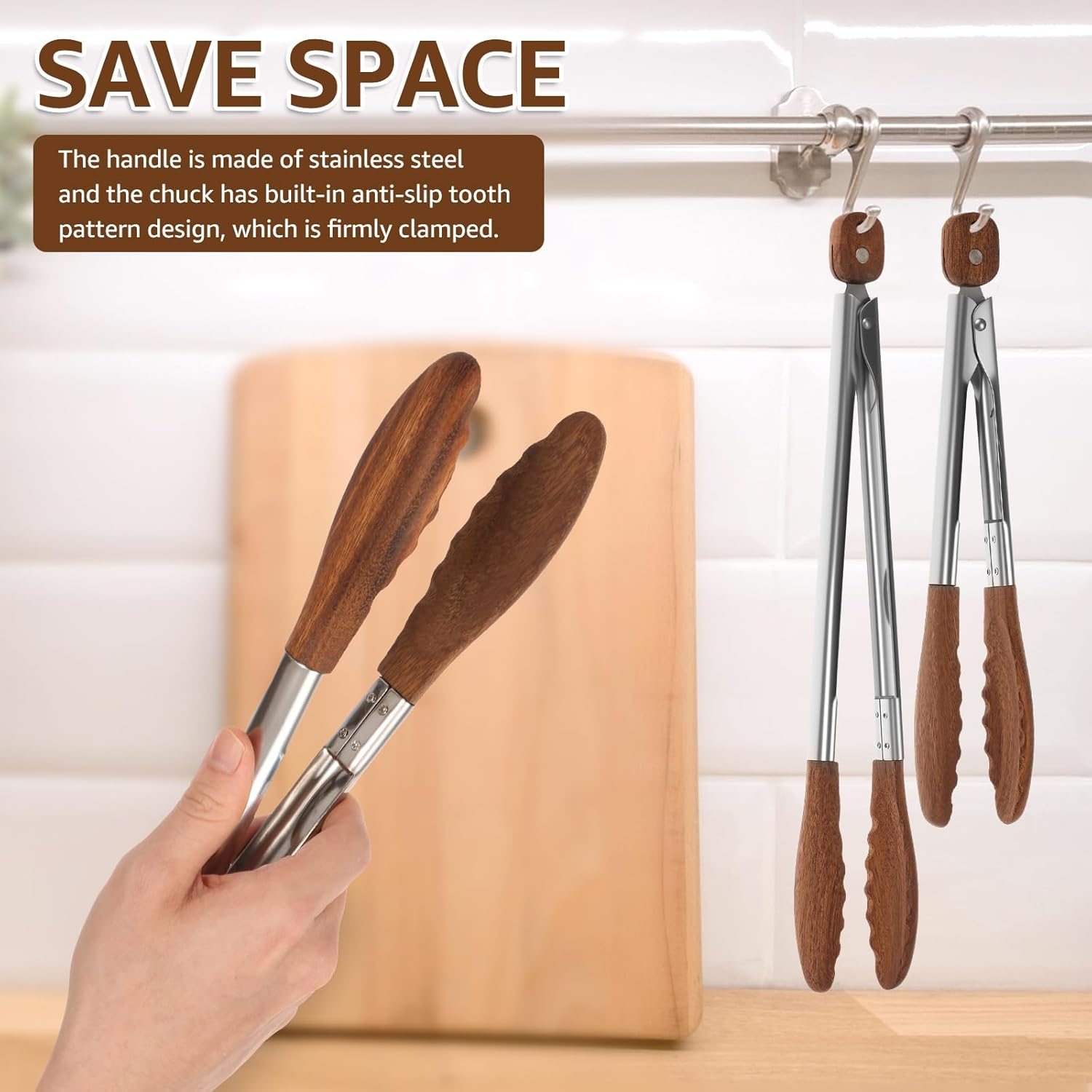 Wooden Tongs for Cooking, 15 & 11.5 & 9 Inch Kitchen Salad Utensils Tongs with Hanging Hole and Pull Lock, Heat Resistant Ergonomic BBQ Food Tong for Restaurant Home Kitchen image number 3